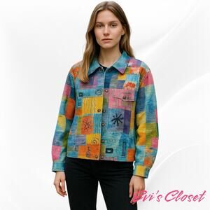 Karen Hart Vintage Colorful Abstract Jacket Color Block Printed Doodle Painted L